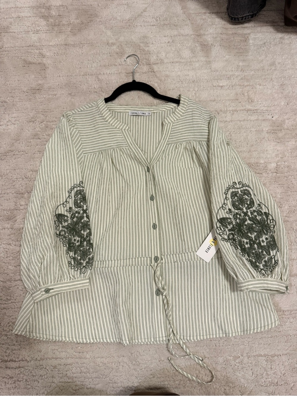 Embroidered Green Stripe Button-Front Peasant Blouse